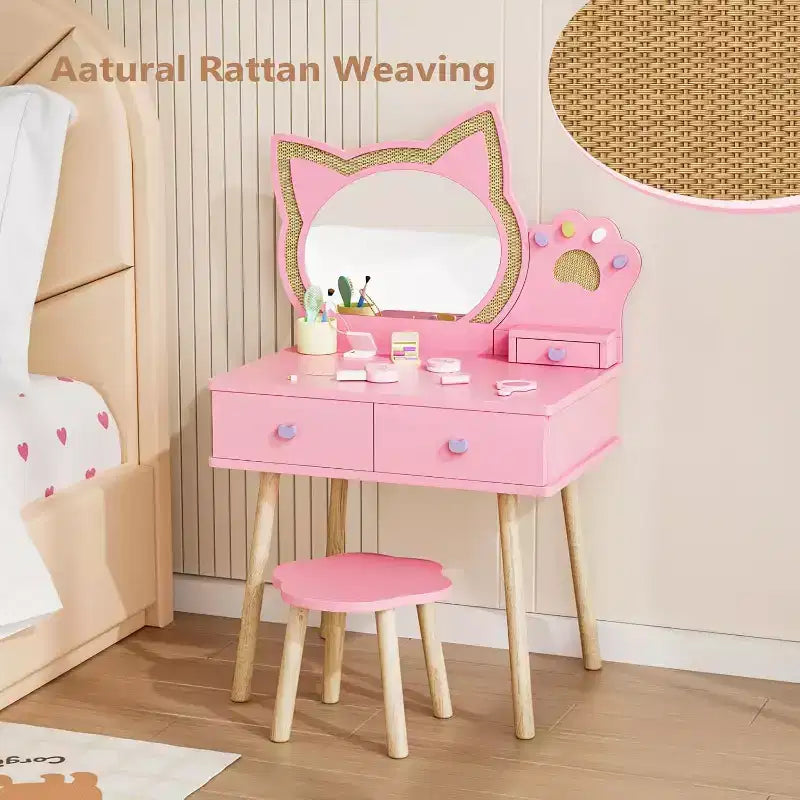 JOYMOR Coiffeuse Enfant avec Adorable Miroir Chat, 7 Pièces Maquillage de Jeu et Table de Princesse