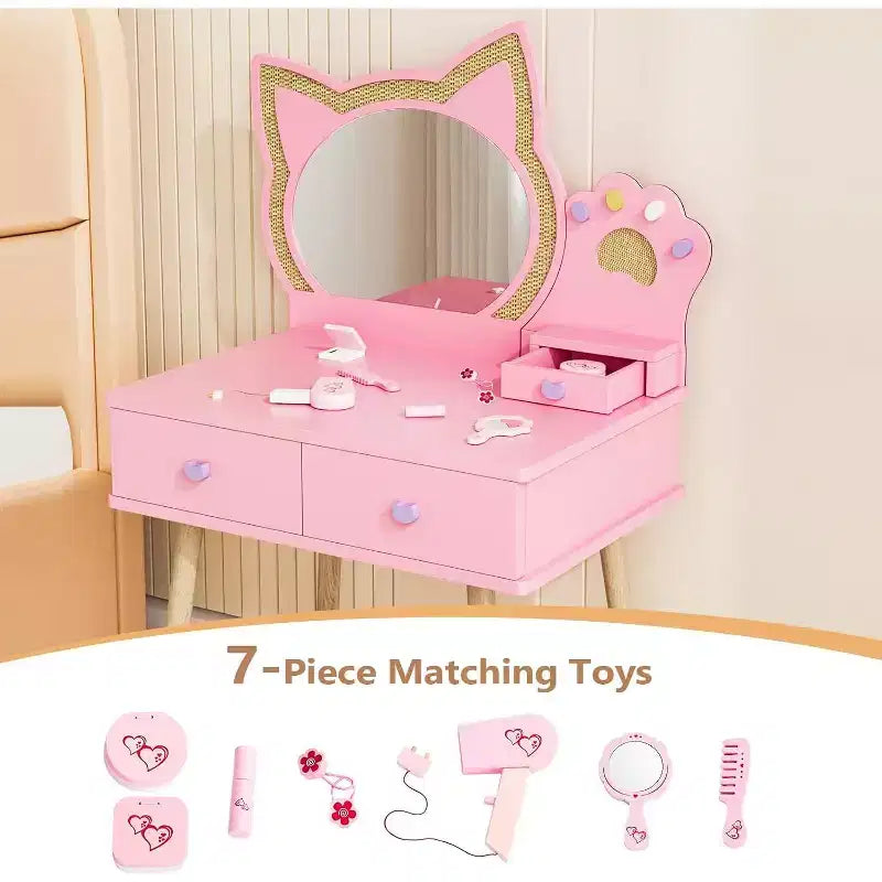 JOYMOR Coiffeuse Enfant avec Adorable Miroir Chat, 7 Pièces Maquillage de Jeu et Table de Princesse