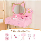 JOYMOR Coiffeuse Enfant avec Adorable Miroir Chat, 7 Pièces Maquillage de Jeu et Table de Princesse