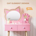 JOYMOR Coiffeuse Enfant avec Adorable Miroir Chat, 7 Pièces Maquillage de Jeu et Table de Princesse