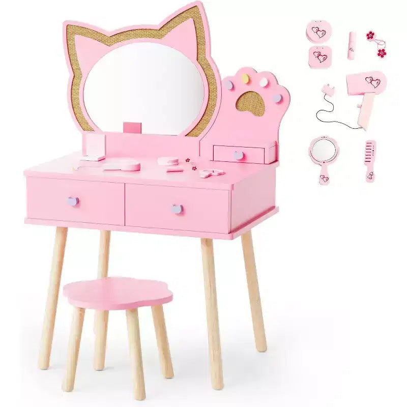 JOYMOR Kids Vanity Set with adorable cat Mirror, 7 Pcs Pretend Play Makeup & Princess Dress Up Table