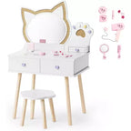 JOYMOR Coiffeuse Enfant avec Adorable Miroir Chat, 7 Pièces Maquillage de Jeu et Table de Princesse
