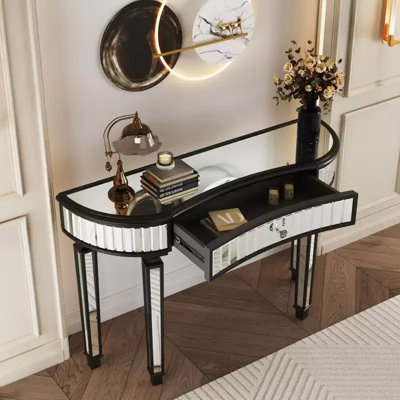 TUYOHW 47 Table console miroir avec 2 tiroirs, table d'entrée demi-lune en verre cannelé avec bouton en cristal, coiffeuse pour chambre à coucher, salon
