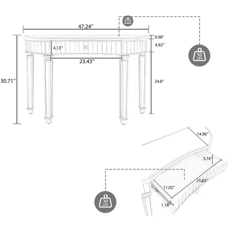 TUYOHW 47 Table console miroir avec 2 tiroirs, table d'entrée demi-lune en verre cannelé avec bouton en cristal, coiffeuse pour chambre à coucher, salon