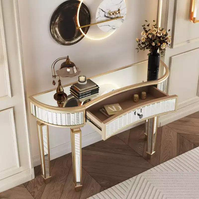 TUYOHW 47 Table console miroir avec 2 tiroirs, table d'entrée demi-lune en verre cannelé avec bouton en cristal, coiffeuse pour chambre à coucher, salon