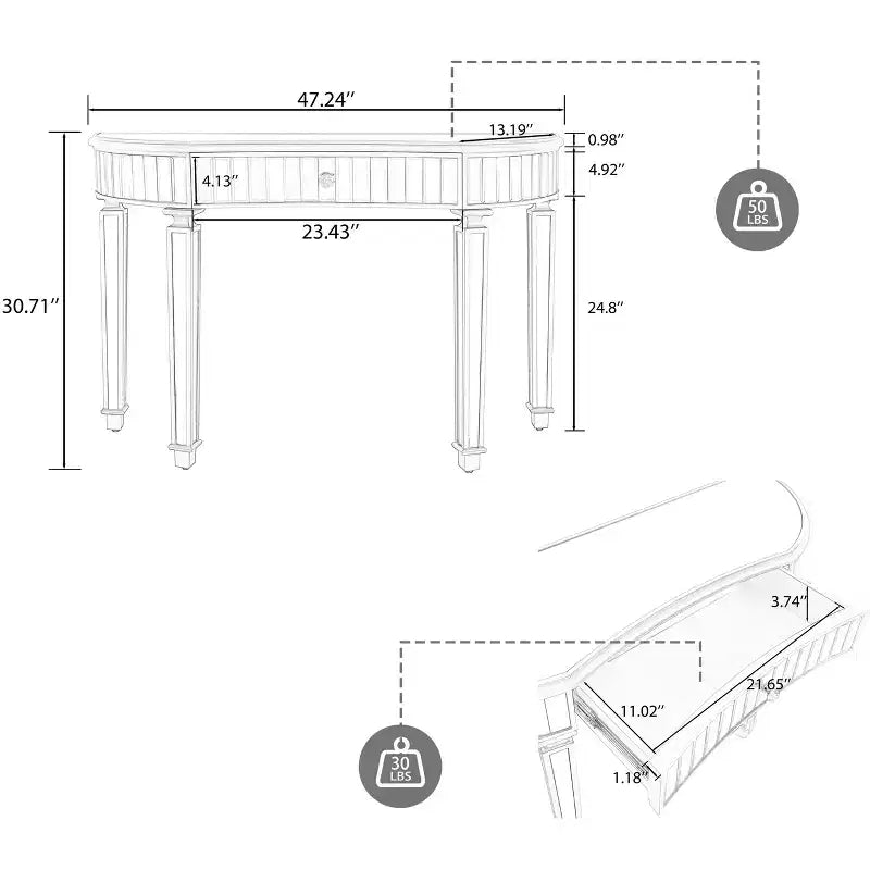 TUYOHW 47 Table console miroir avec 2 tiroirs, table d'entrée demi-lune en verre cannelé avec bouton en cristal, coiffeuse pour chambre à coucher, salon