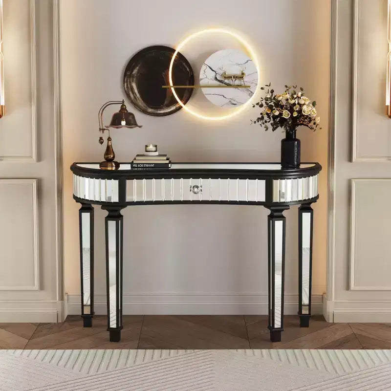 TUYOHW 47 Table console miroir avec 2 tiroirs, table d'entrée demi-lune en verre cannelé avec bouton en cristal, coiffeuse pour chambre à coucher, salon