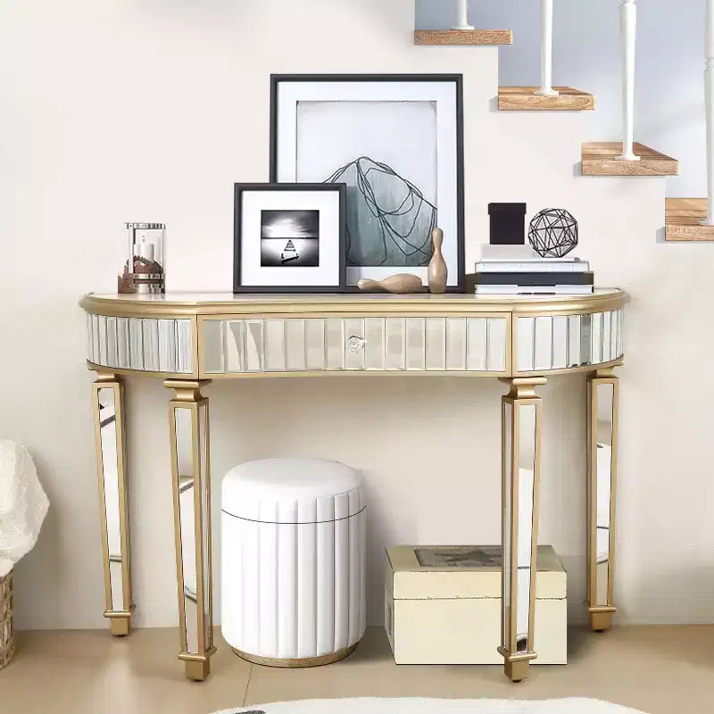 TUYOHW 47 Mirrored Console Table with 2 Drawers,Fluted Glass Half Moon Entryway Table with Crystal Knob,Makeup Vanity for Bedroom,Living Room
