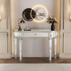 TUYOHW 47 Table console miroir avec 2 tiroirs, table d'entrée demi-lune en verre cannelé avec bouton en cristal, coiffeuse pour chambre à coucher, salon