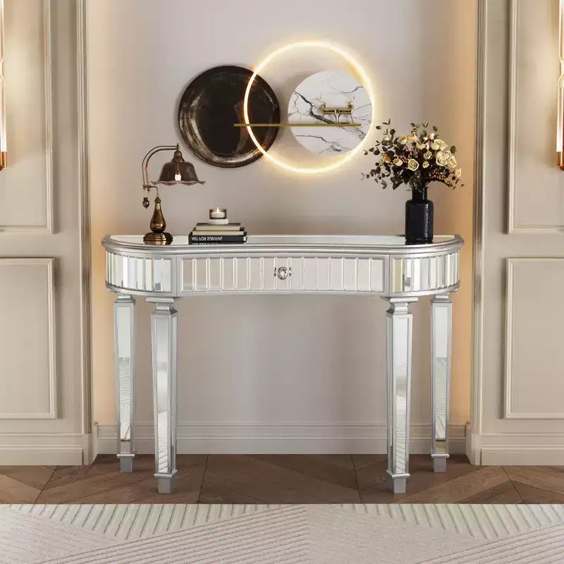 TUYOHW 47 Table console miroir avec 2 tiroirs, table d'entrée demi-lune en verre cannelé avec bouton en cristal, coiffeuse pour chambre à coucher, salon