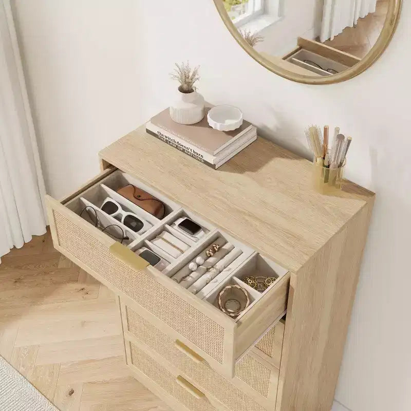 Commode 5 tiroirs en rotin pour chambre à coucher C, armoire tissée minimaliste avec cadre et pieds en bois intégrés, coffre de rangement haut