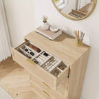 Commode 5 tiroirs en rotin pour chambre à coucher C, armoire tissée minimaliste avec cadre et pieds en bois intégrés, coffre de rangement haut