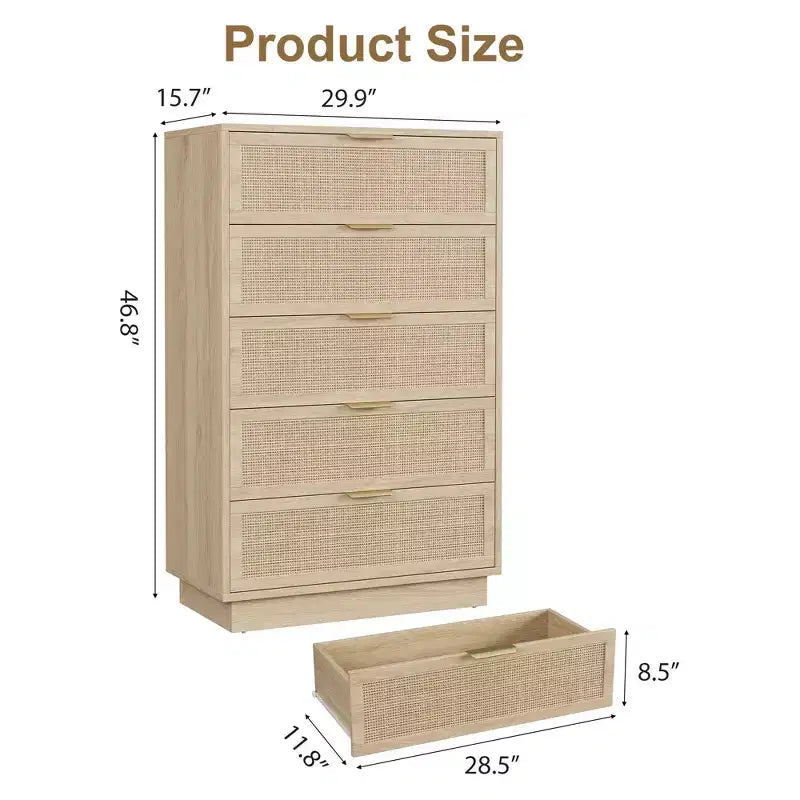 Commode 5 tiroirs en rotin pour chambre à coucher C, armoire tissée minimaliste avec cadre et pieds en bois intégrés, coffre de rangement haut