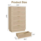 Commode 5 tiroirs en rotin pour chambre à coucher C, armoire tissée minimaliste avec cadre et pieds en bois intégrés, coffre de rangement haut