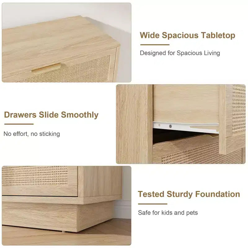 Commode 5 tiroirs en rotin pour chambre à coucher C, armoire tissée minimaliste avec cadre et pieds en bois intégrés, coffre de rangement haut