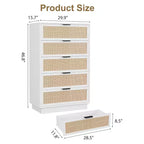 Commode 5 tiroirs en rotin pour chambre à coucher C, armoire tissée minimaliste avec cadre et pieds en bois intégrés, coffre de rangement haut