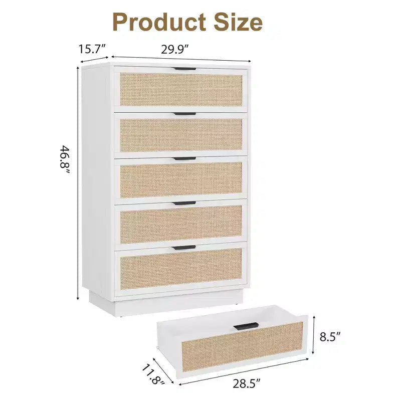 Commode 5 tiroirs en rotin pour chambre à coucher C, armoire tissée minimaliste avec cadre et pieds en bois intégrés, coffre de rangement haut