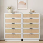 Commode 5 tiroirs en rotin pour chambre à coucher C, armoire tissée minimaliste avec cadre et pieds en bois intégrés, coffre de rangement haut