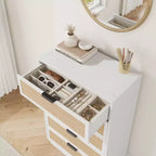 Commode 5 tiroirs en rotin pour chambre à coucher C, armoire tissée minimaliste avec cadre et pieds en bois intégrés, coffre de rangement haut