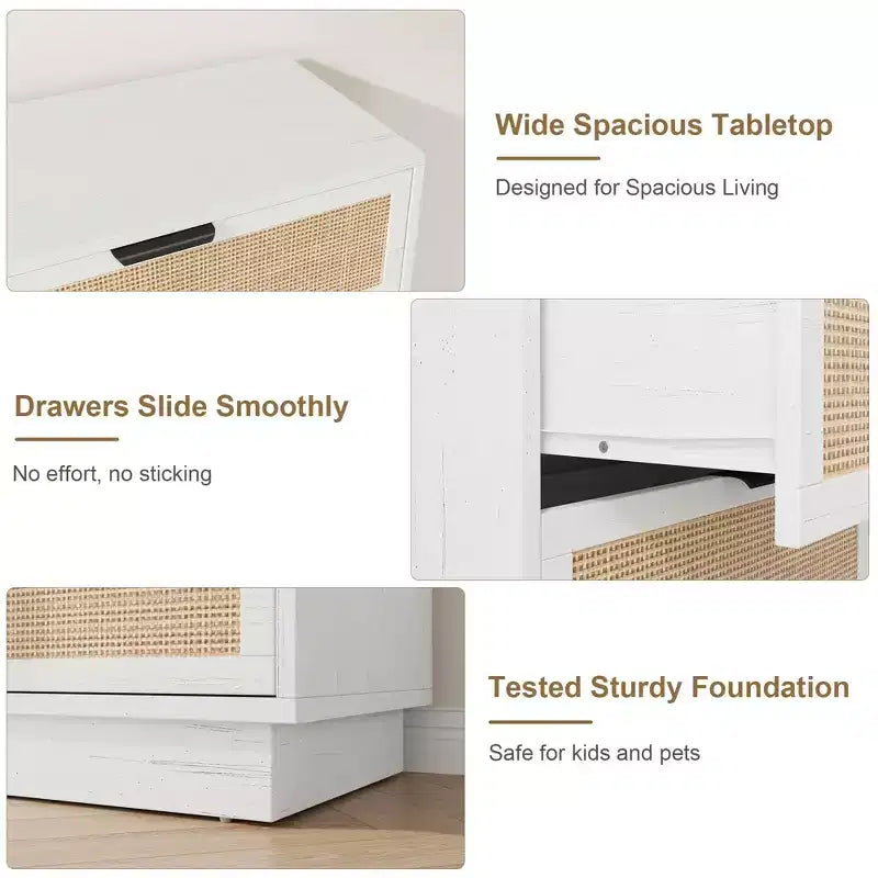 Commode 5 tiroirs en rotin pour chambre à coucher C, armoire tissée minimaliste avec cadre et pieds en bois intégrés, coffre de rangement haut