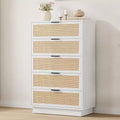 5-Drawer Rattan Dresser for Bedroom C Minimalist Woven Cabinet with Integrated Wood Frame & Leg Design, Tall Storage Chest