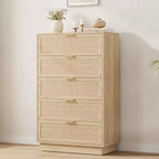 Commode 5 tiroirs en rotin pour chambre à coucher C, armoire tissée minimaliste avec cadre et pieds en bois intégrés, coffre de rangement haut