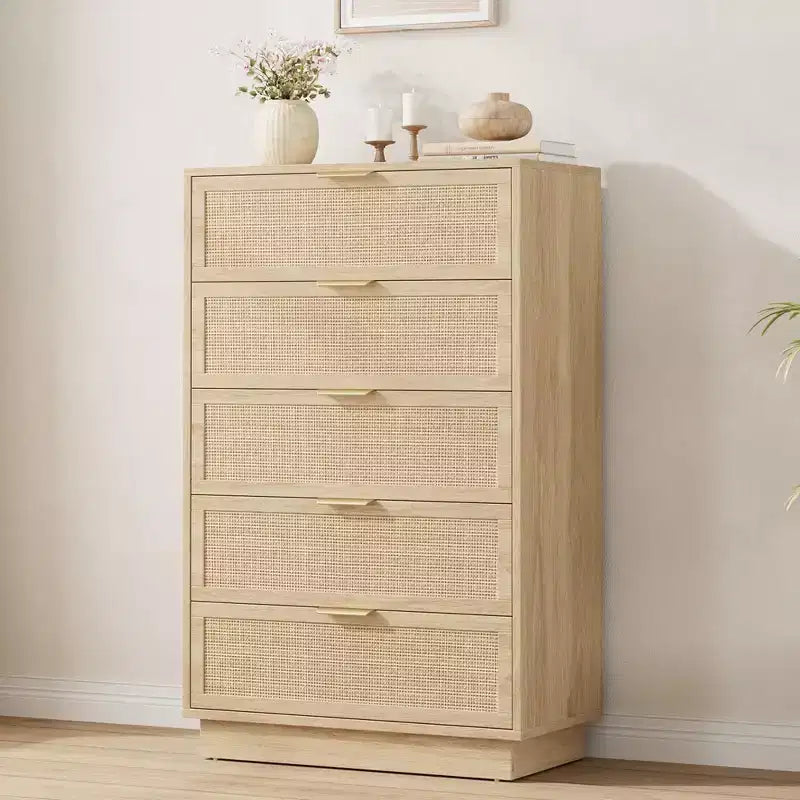 Commode 5 tiroirs en rotin pour chambre à coucher C, armoire tissée minimaliste avec cadre et pieds en bois intégrés, coffre de rangement haut