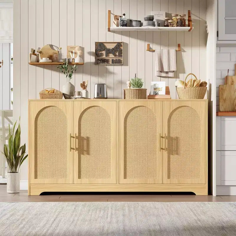 Buffet en rotin 59 - Grand meuble de rangement avec 4 portes, table console, buffet de bar à café pour salon, cuisine, salle à manger