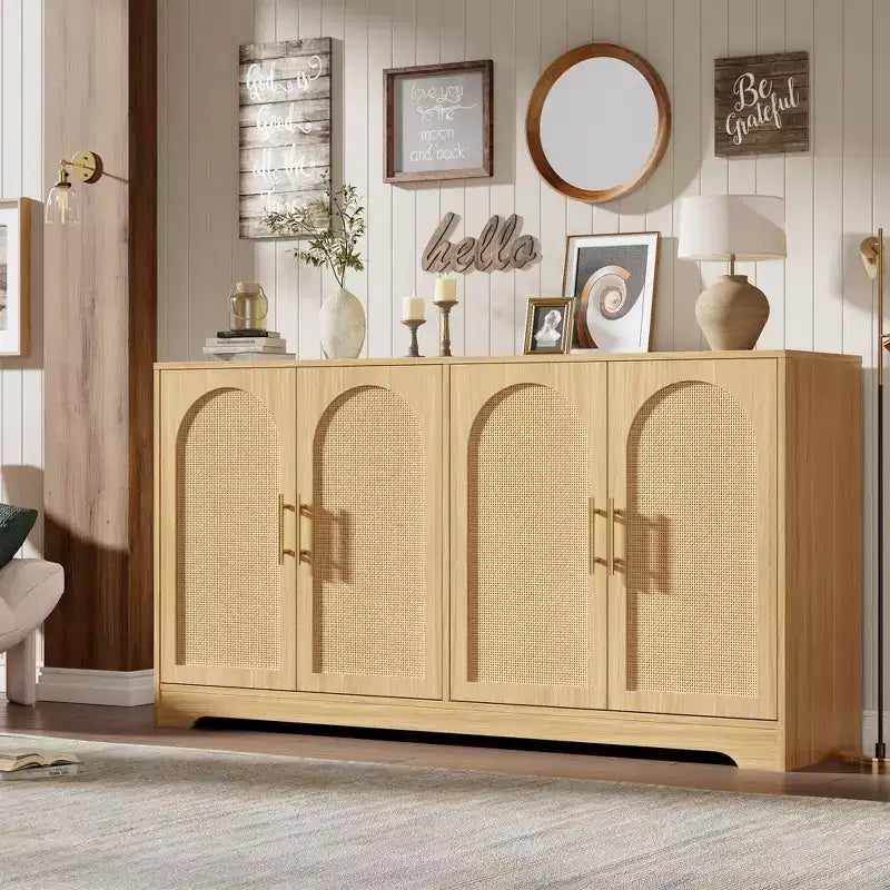 Buffet en rotin 59 - Grand meuble de rangement avec 4 portes, table console, buffet de bar à café pour salon, cuisine, salle à manger