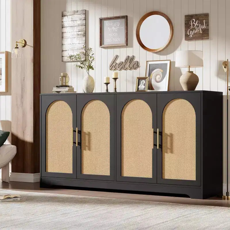 Buffet en rotin 59 - Grand meuble de rangement avec 4 portes, table console, buffet de bar à café pour salon, cuisine, salle à manger