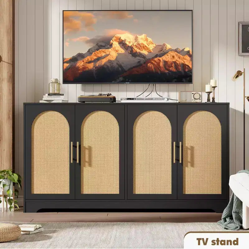 Buffet en rotin 59 - Grand meuble de rangement avec 4 portes, table console, buffet de bar à café pour salon, cuisine, salle à manger