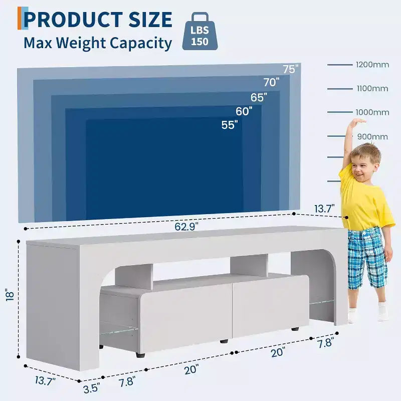 Meuble TV pour téléviseurs de 50 à 75 pouces, meuble console moderne avec grand tiroir de rangement, centre de divertissement pour salon et chambre à coucher - Blanc