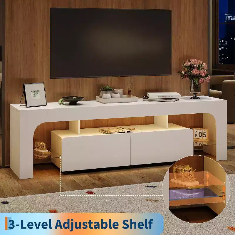 Meuble TV pour téléviseurs de 50 à 75 pouces, meuble console moderne avec grand tiroir de rangement, centre de divertissement pour salon et chambre à coucher - Blanc
