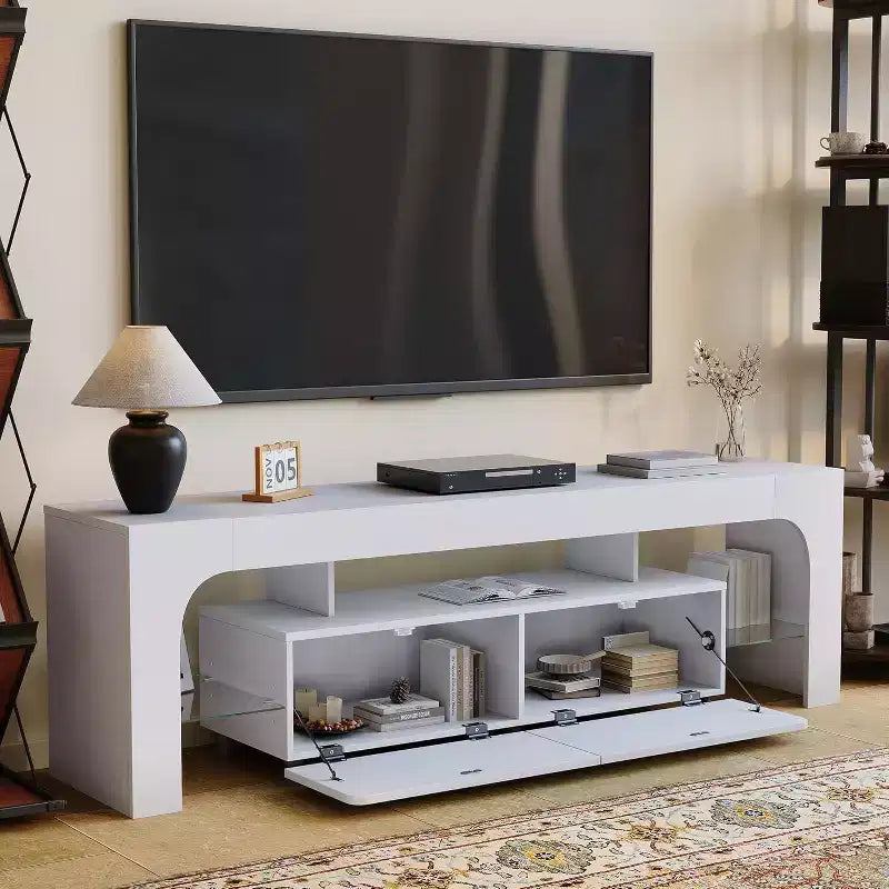 Meuble TV pour téléviseurs de 50 à 75 pouces, meuble console moderne avec grand tiroir de rangement, centre de divertissement pour salon et chambre à coucher - Blanc