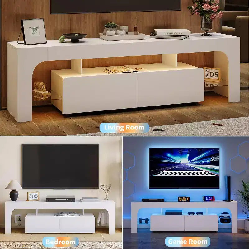 Meuble TV pour téléviseurs de 50 à 75 pouces, meuble console moderne avec grand tiroir de rangement, centre de divertissement pour salon et chambre à coucher - Blanc