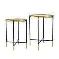 Set of 2 Gold and Black Iron Side Tables with Glass Top