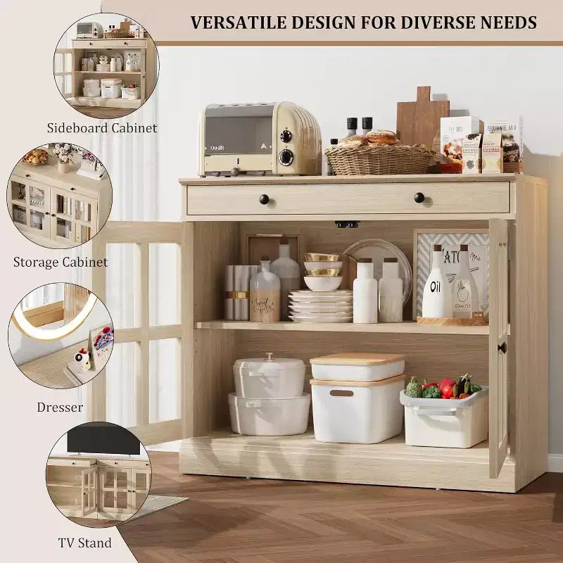 Buffet Bahut de 35,4'' de Large avec Porte en Verre et Tiroir, Armoire de Rangement Réglable pour Salle à Manger, Cuisine ou Salon