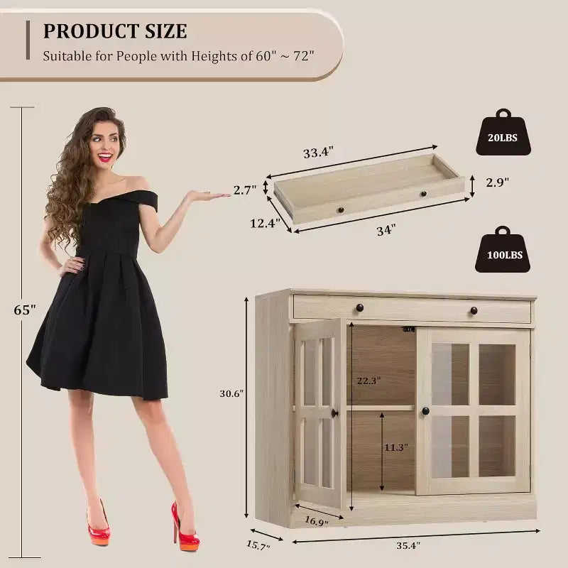Buffet Bahut de 35,4'' de Large avec Porte en Verre et Tiroir, Armoire de Rangement Réglable pour Salle à Manger, Cuisine ou Salon