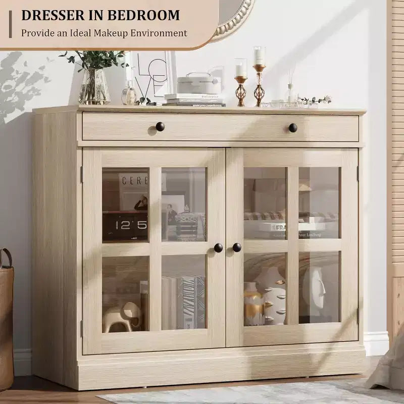 Buffet Bahut de 35,4'' de Large avec Porte en Verre et Tiroir, Armoire de Rangement Réglable pour Salle à Manger, Cuisine ou Salon
