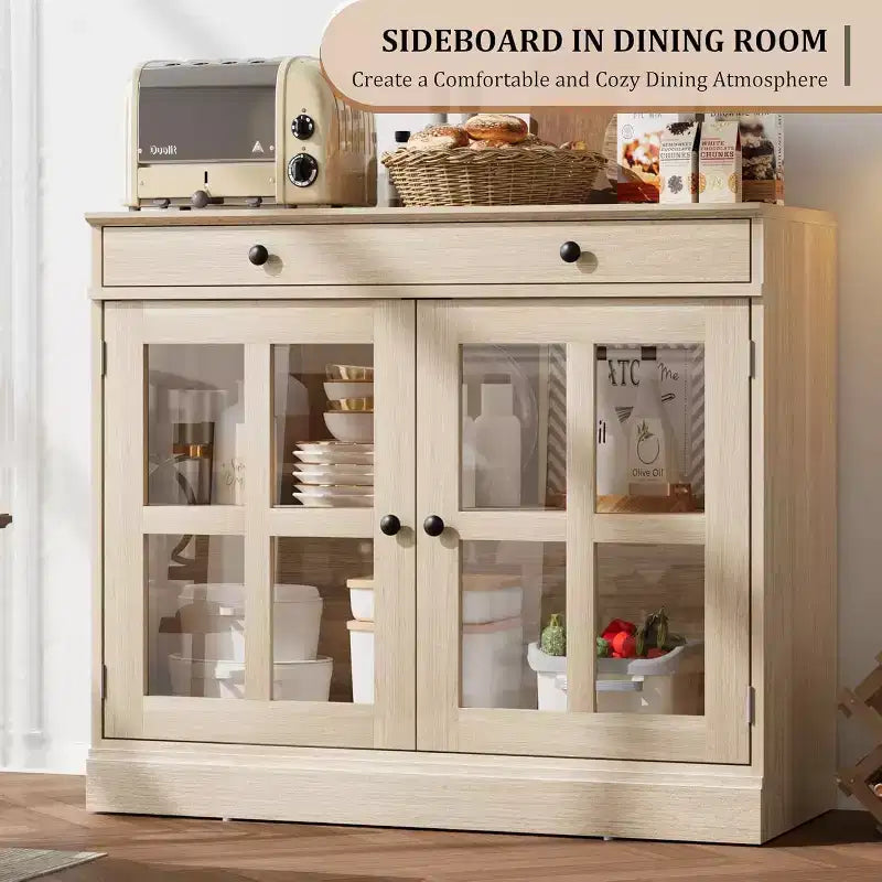 Buffet Bahut de 35,4'' de Large avec Porte en Verre et Tiroir, Armoire de Rangement Réglable pour Salle à Manger, Cuisine ou Salon