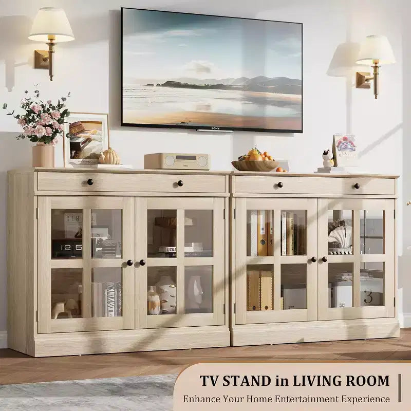Buffet Bahut de 35,4'' de Large avec Porte en Verre et Tiroir, Armoire de Rangement Réglable pour Salle à Manger, Cuisine ou Salon