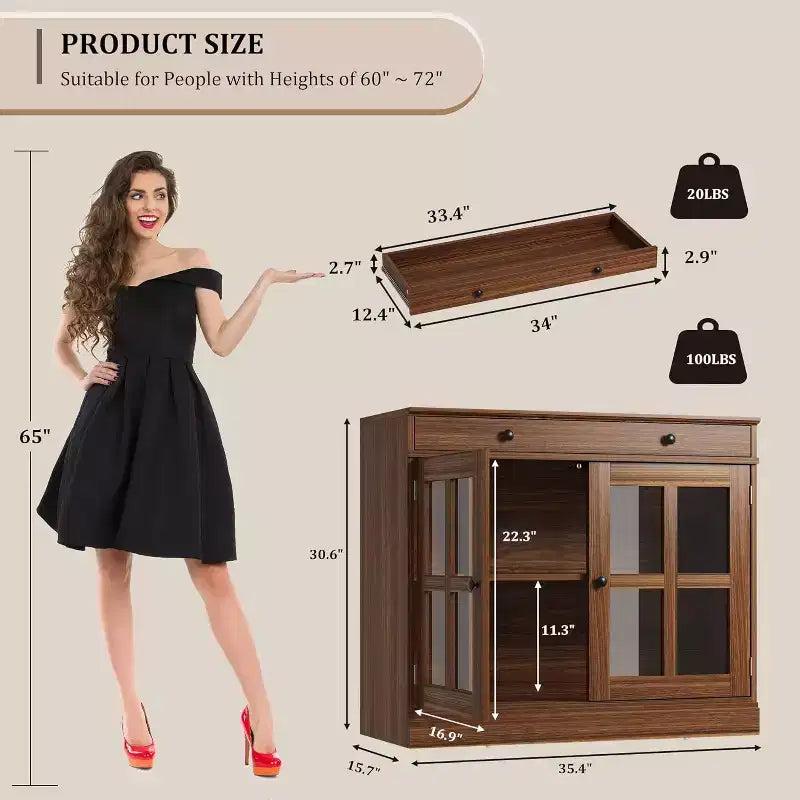 Buffet Bahut de 35,4'' de Large avec Porte en Verre et Tiroir, Armoire de Rangement Réglable pour Salle à Manger, Cuisine ou Salon