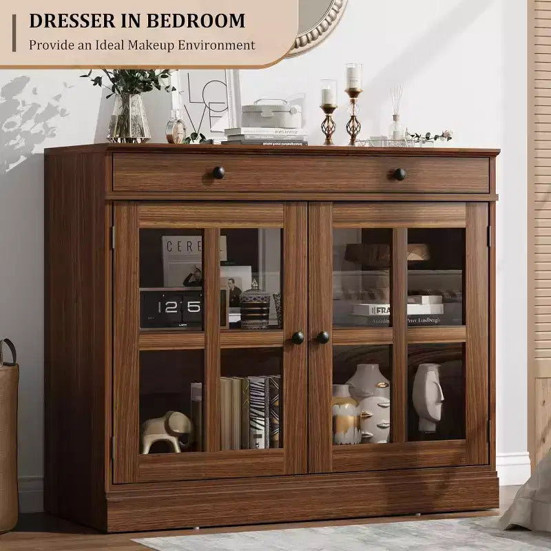 Buffet Bahut de 35,4'' de Large avec Porte en Verre et Tiroir, Armoire de Rangement Réglable pour Salle à Manger, Cuisine ou Salon