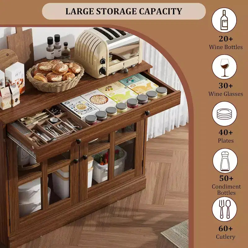 Buffet Bahut de 35,4'' de Large avec Porte en Verre et Tiroir, Armoire de Rangement Réglable pour Salle à Manger, Cuisine ou Salon