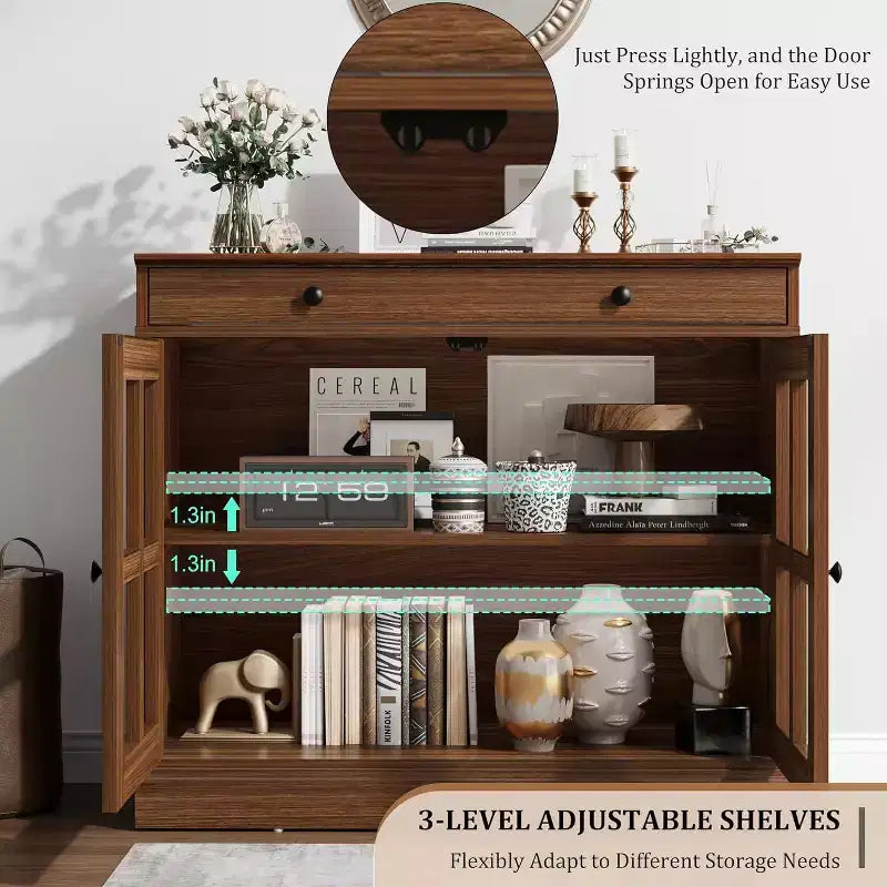Buffet Bahut de 35,4'' de Large avec Porte en Verre et Tiroir, Armoire de Rangement Réglable pour Salle à Manger, Cuisine ou Salon