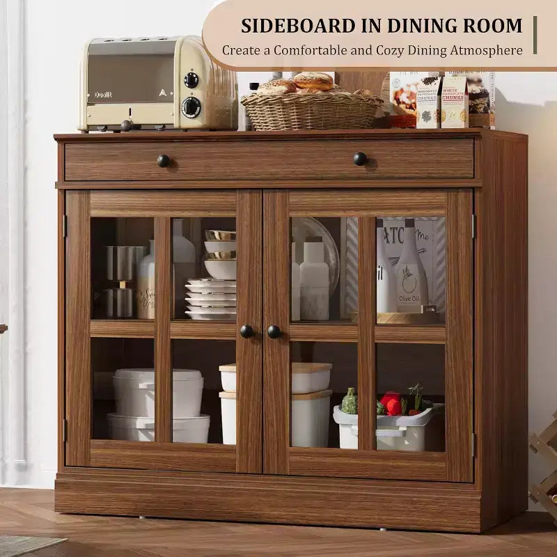 Buffet Bahut de 35,4'' de Large avec Porte en Verre et Tiroir, Armoire de Rangement Réglable pour Salle à Manger, Cuisine ou Salon