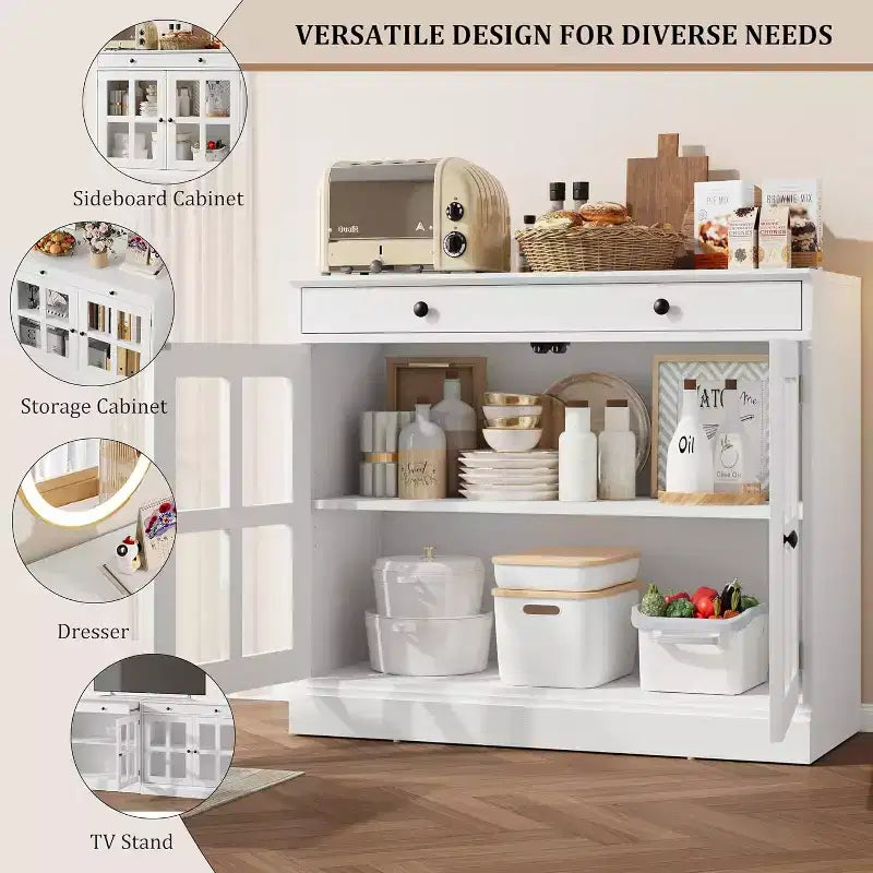Buffet Bahut de 35,4'' de Large avec Porte en Verre et Tiroir, Armoire de Rangement Réglable pour Salle à Manger, Cuisine ou Salon