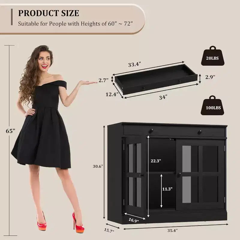 Buffet Bahut de 35,4'' de Large avec Porte en Verre et Tiroir, Armoire de Rangement Réglable pour Salle à Manger, Cuisine ou Salon