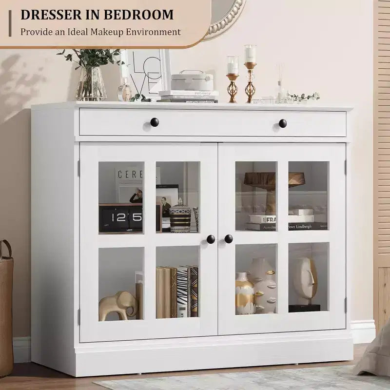Buffet Bahut de 35,4'' de Large avec Porte en Verre et Tiroir, Armoire de Rangement Réglable pour Salle à Manger, Cuisine ou Salon