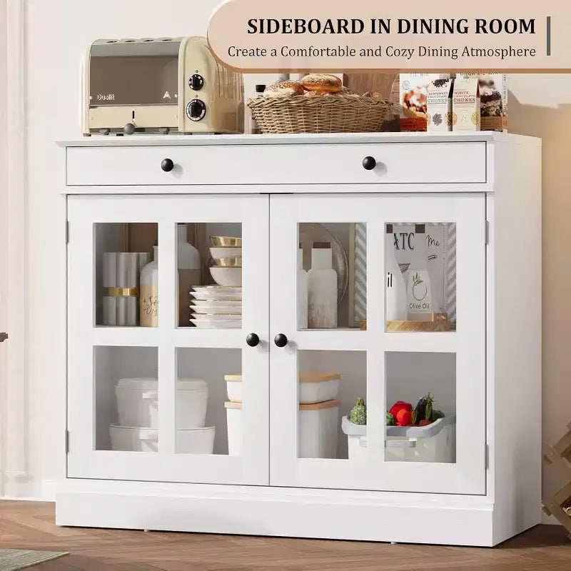 Buffet Bahut de 35,4'' de Large avec Porte en Verre et Tiroir, Armoire de Rangement Réglable pour Salle à Manger, Cuisine ou Salon